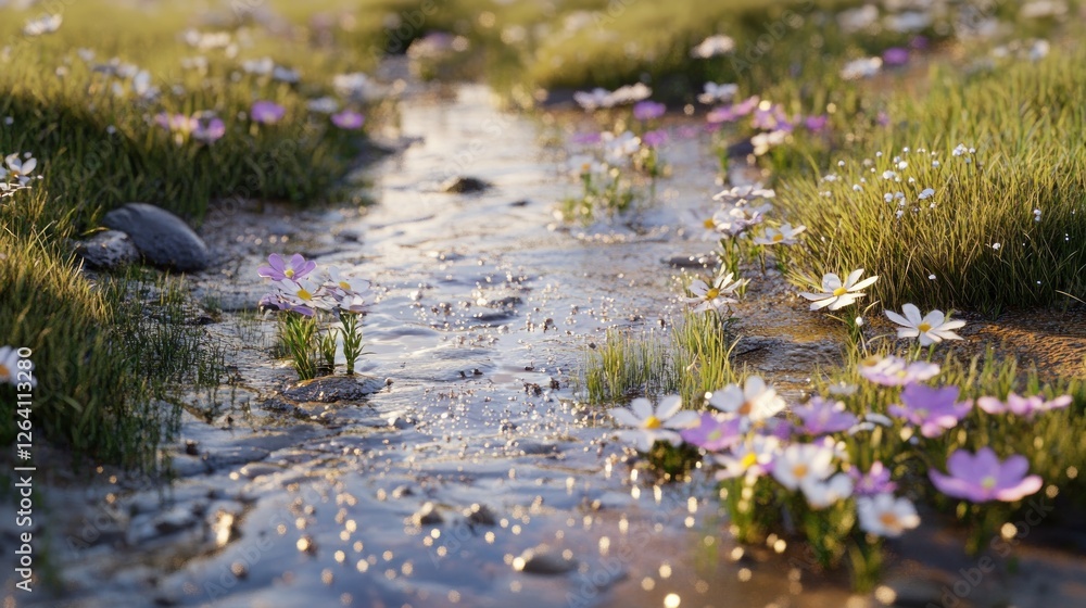 Stream wildflowers meadow sunset nature background Stream wildflowers meadow sunset nature background