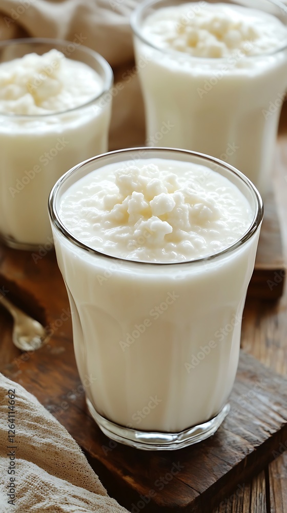 Kefir milk drink on wooden table, closeup, vertical Kefir milk drink on wooden table, closeup, vertical