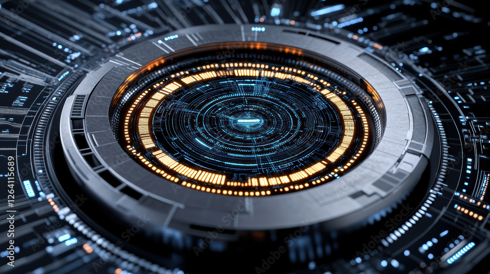 Futuristic digital interface with glowing circular patterns and data streams Futuristic digital interface with glowing circular patterns and data streams