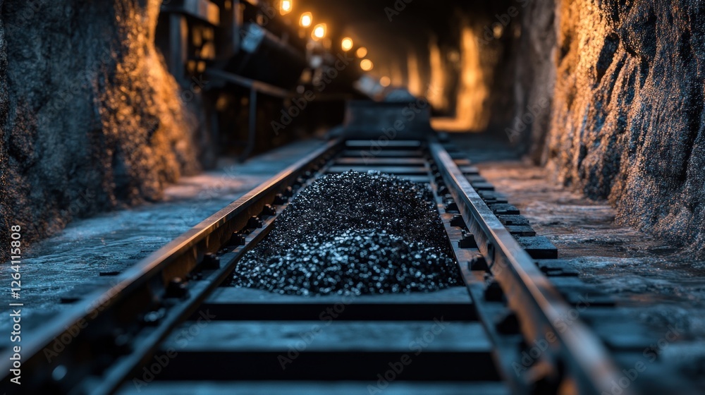 Obraz premium Mine cart laden with ore on tracks in dark tunnel