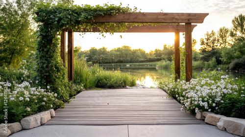 Fototapeta Naklejka Na Ścianę i Meble -  serene garden trellis adorned with climbing vines and flowers, overlooking tranquil lake sunset