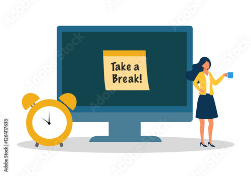 Take a break concept. Woman drinking coffee with text take a break on computer.