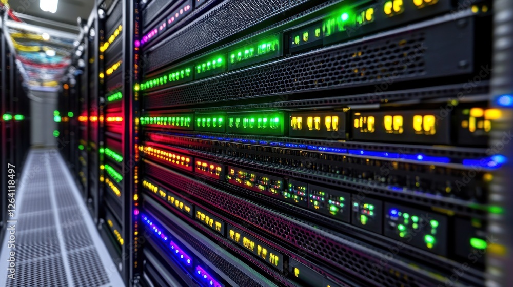 Naklejka premium Data center server room; glowing lights; network infrastructure; technology background; website use