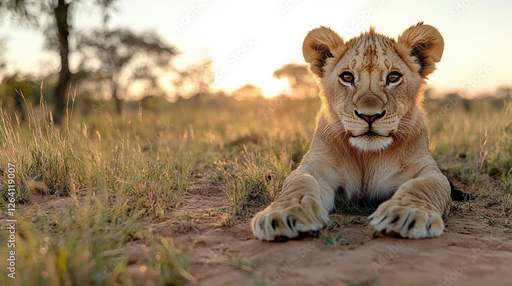 majestic lion cub resting in tall grass during sunset, exuding calmness majestic lion cub resting in tall grass during sunset, exuding calmness