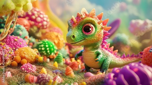 Cute Baby Dinosaur with Oversized Eyes Playing in a Fantasy World photo