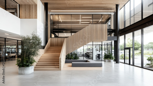 Modern educational workspace featuring wooden staircase and greenery