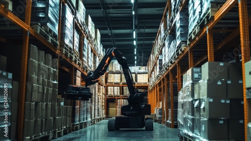 A robotic arm helps stack heavy loads in the warehouse. 