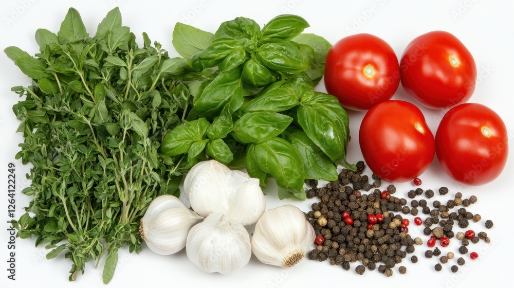 Fresh herbs, garlic, tomatoes, peppercorns on white background; food photography for recipe, cookbook, or website Fresh herbs, garlic, tomatoes, peppercorns on white background; food photography for recipe, cookbook, or website