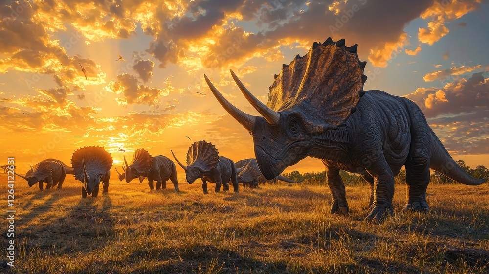 Fototapeta premium Triceratops Herd Grazing on Open Plain at Sunset