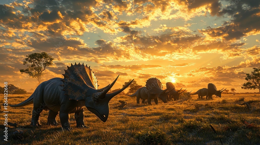 Fototapeta premium Triceratops Herd Grazing on Open Plain at Sunset in Golden Light