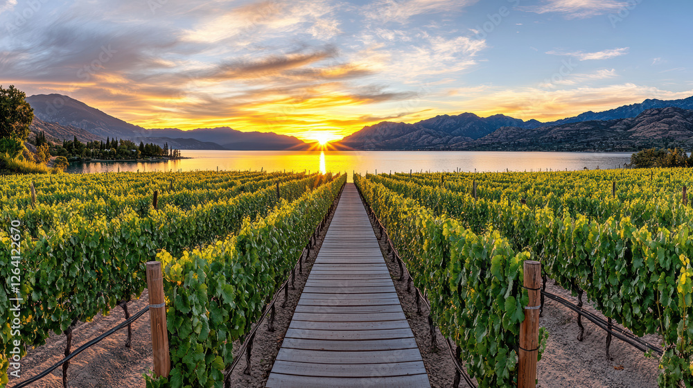 Fototapeta premium picturesque vineyard with rows of grapevines leading to sunset over lake