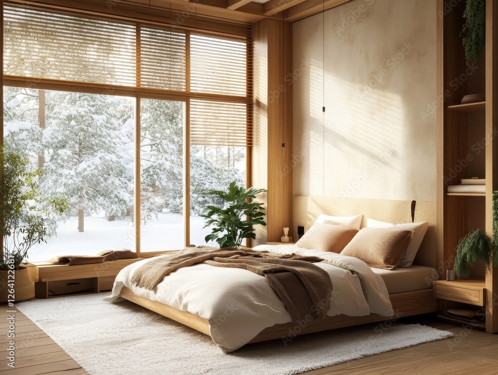 Fototapeta premium A cozy bedroom features a large window with snowy scenery
