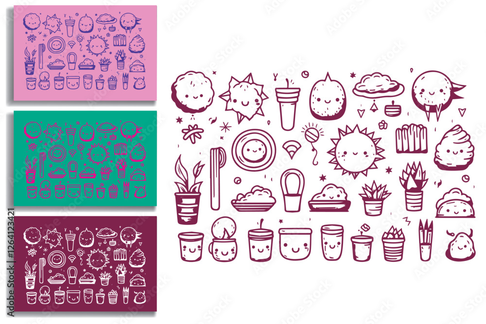 Cute cartoon doodle illustrations of various objects, including suns, clouds, plants, cups, and food Cute cartoon doodle illustrations of various objects, including suns, clouds, plants, cups, and food