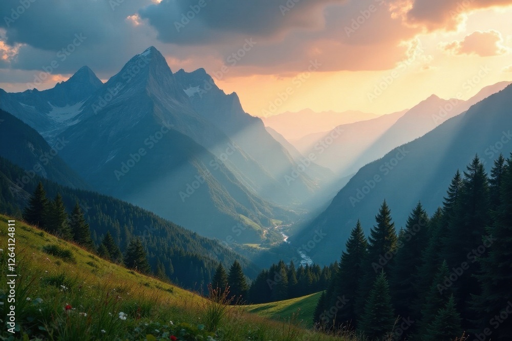 Mountain range with sunbeams peeking through mountains, sunlight rays, fog Mountain range with sunbeams peeking through mountains, sunlight rays, fog