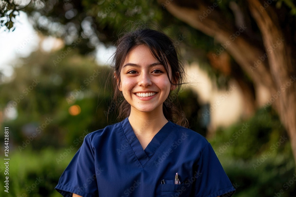 Smiling medical worker in scrubs portrait with tree and building background Smiling medical worker in scrubs portrait with tree and building background