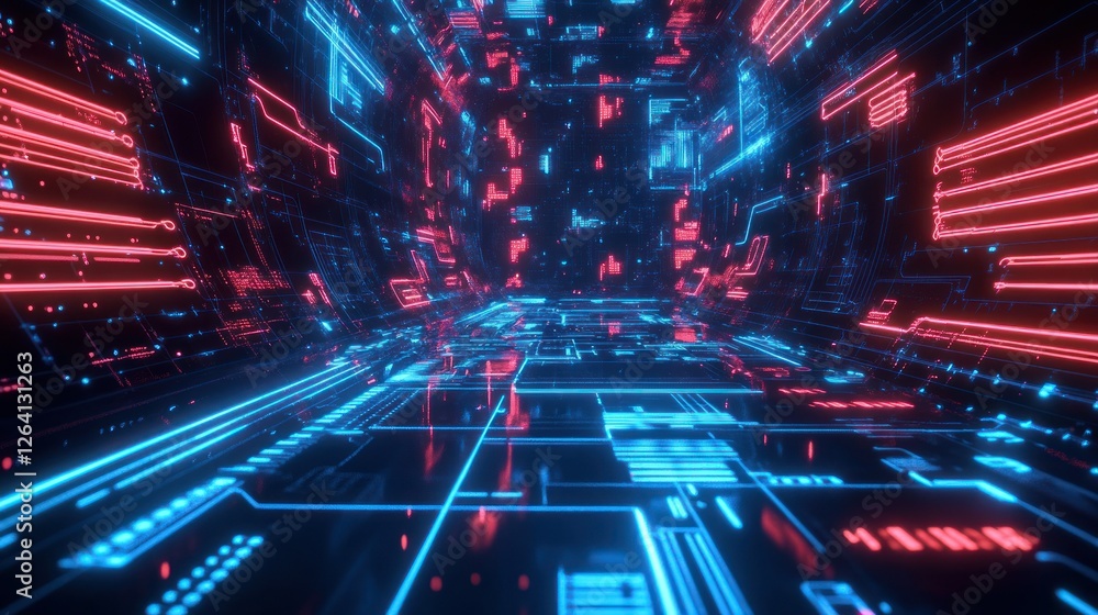 Game background with neon lights with intricate circuit board patterns, electric blue and red colors holographic interface wallpaper AI generated image Game background with neon lights with intricate circuit board patterns, electric blue and red colors holographic interface wallpaper AI generated image