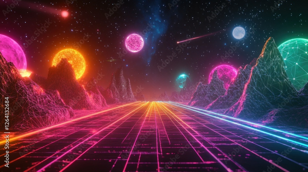 Obraz premium Retro-futuristic game scene with neon rainbow laser grid, wire frame landscape and black background wallpaper AI generated image