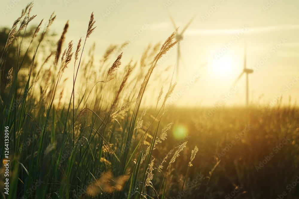 Sunset grassland wind turbines energy field Sunset grassland wind turbines energy field