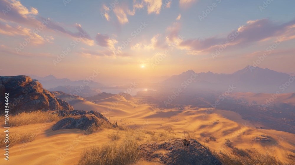 Naklejka premium Desert sunset landscape, dunes, mountains, scenic vista, game background
