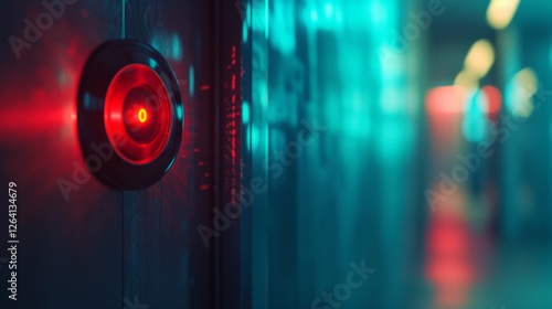 A close-up of a red-lit security access button in a futuristic corridor. The glowing details and blurred background evoke a high-tech and cyberpunk atmosphere. AI generated.