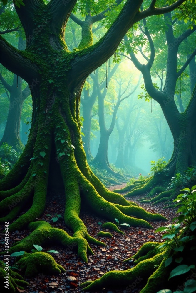 Mysterious forest with moss-covered tree trunks and twisted roots , overgrown vegetation, forest floor Mysterious forest with moss-covered tree trunks and twisted roots , overgrown vegetation, forest floor
