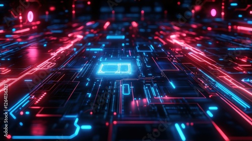 Game background with neon lights with intricate circuit board patterns, electric blue and red colors holographic interface wallpaper AI generated image