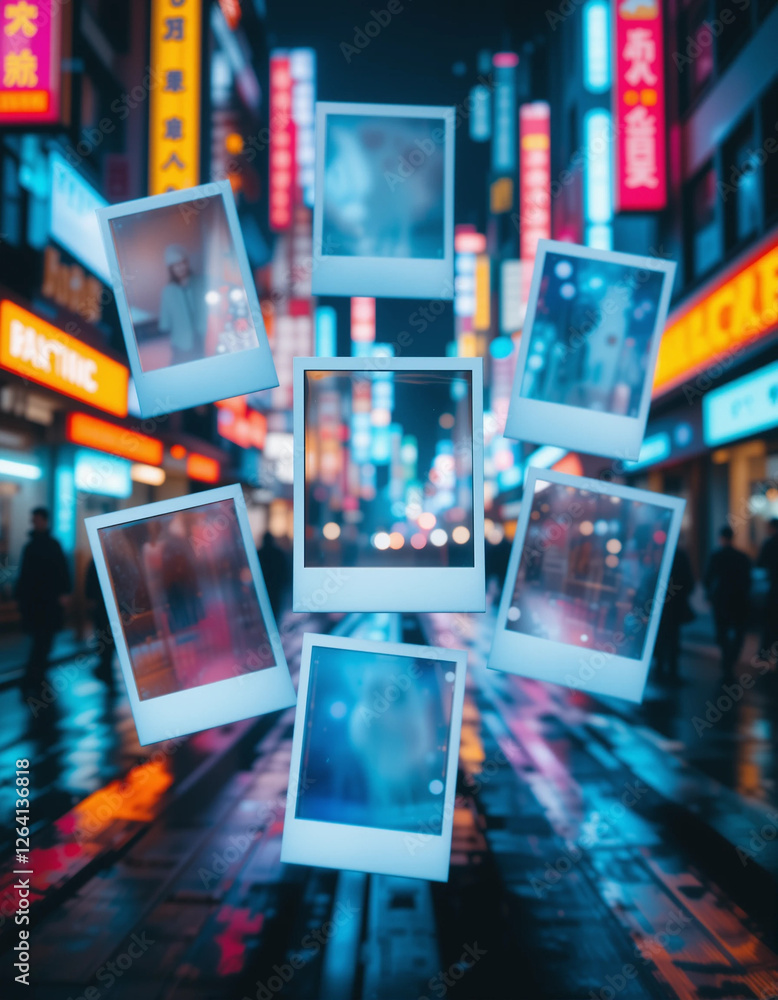 Polaroids Floating Over a Sparkling Night Cityscape Polaroids Floating Over a Sparkling Night Cityscape