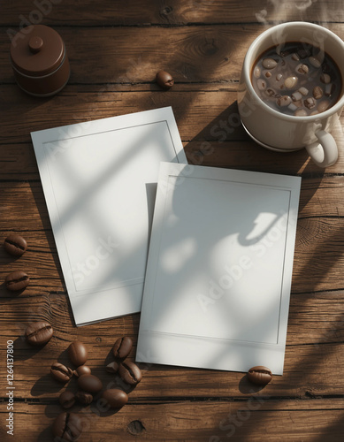 Two Blank Polaroids Overlapping on a Wooden Table with Coffee