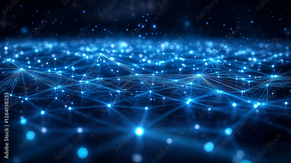 Fototapeta premium Futuristic glowing network grid with blue digital nodes and connections on a dark background.