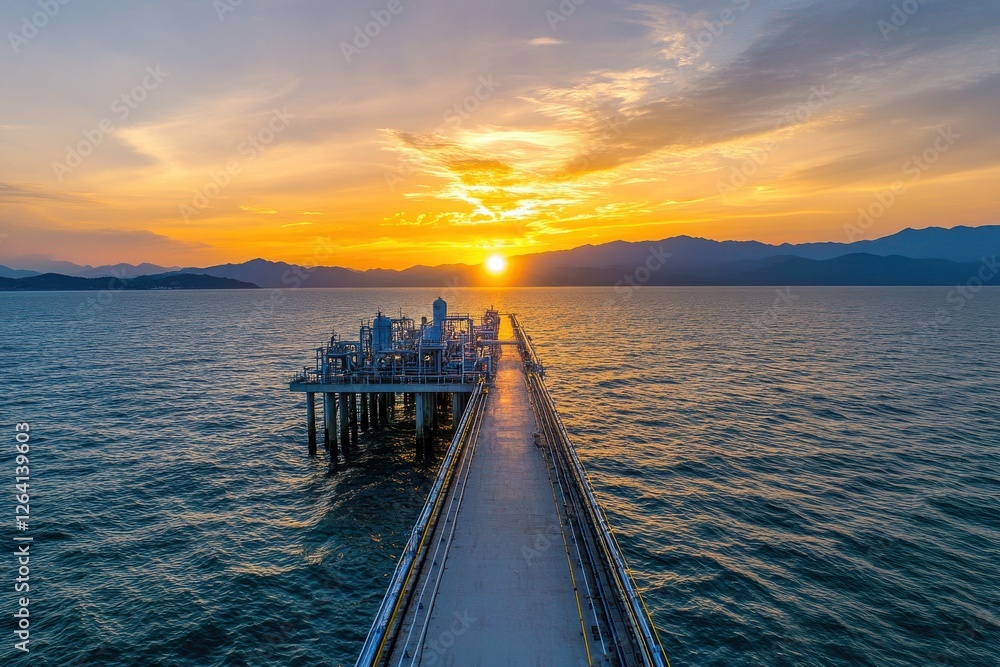 Obraz premium Sunset Over Ocean Pier with Industrial Equipment Against Scenic Mountainous Background