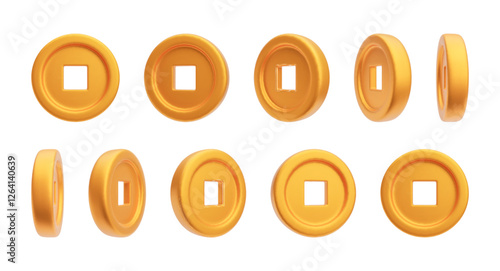3D old Chinese coins with square hole. Realistic spinning golden coins. Rotating Asian design element for Chinese New Year. Feng Shui Good luck symbol. Vector illustration isolated on white background