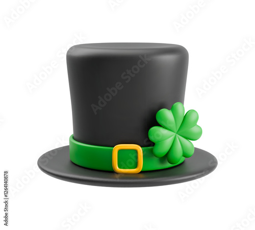 3D St. Patrick's hat. Green hat with gold belt and four-leaf clover. Realistic leprechaun top hat with lucky Shamrock. Saint Patrick Day symbol. Vector sign of good luck