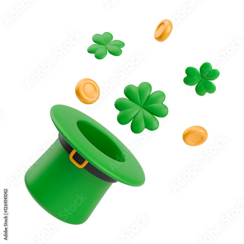 3D green leprechaun hat with flying gold coins and green shamrocks. Green hat with gold belt and four-leaf clover. Realistic St Patrick's day symbol with lucky Shamrock. Vector sign of good luck