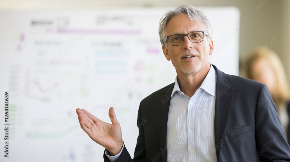 custom made wallpaper toronto digitalConfident Businessman Presenting: A mature businessman, exuding confidence and experience, gestures thoughtfully during a presentation.