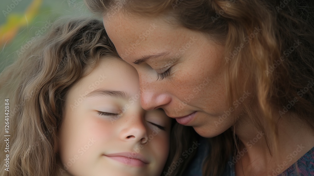 Tender Love and Care: A close-up portrait of a mother and daughter, their eyes closed as they share a tender moment of love and affection. The image radiates warmth and intimacy. Tender Love and Care: A close-up portrait of a mother and daughter, their eyes closed as they share a tender moment of love and affection. The image radiates warmth and intimacy.