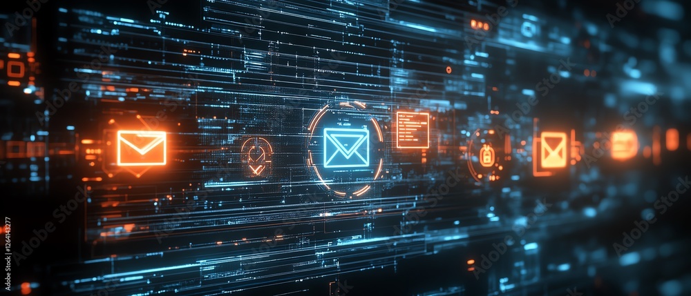 Obraz premium sleek modern technology flatscreen with floating digital mail notifications, glowing icons, futuristic interface design, dark background