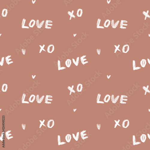 Εκτύπωση καμβά Seamless hand-drawn crayon love pattern with xo and hearts in warm tones on moch