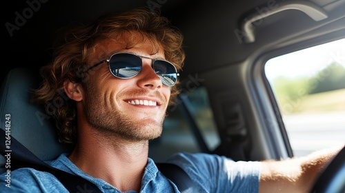 A man confidently driving a car with sunglasses on, enjoying a road trip.