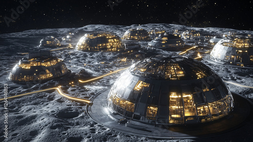 futuristic moon base colony spaceship dome night sci-fi 3d illustration