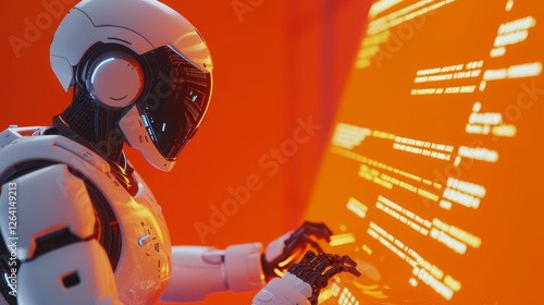 A sleek humanoid robot interacts with a glowing digital screen, writing code in a high-tech environment. The scene embodies artificial intelligence and futuristic programming. AI generated.
