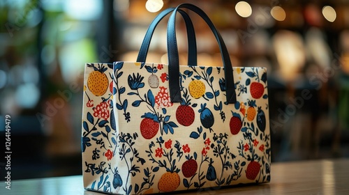 Wallpaper Mural Colorful floral patterned tote bag displayed on a wooden table in a vibrant store interior Torontodigital.ca