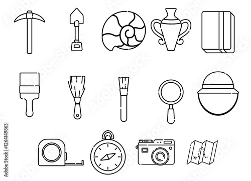 Set of Isolated archeology, history and paleontology in Outline cartoon icon vector illustration