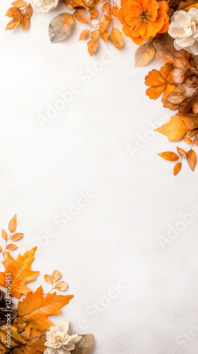 Autumn leaves and flowers in warm tones on white background