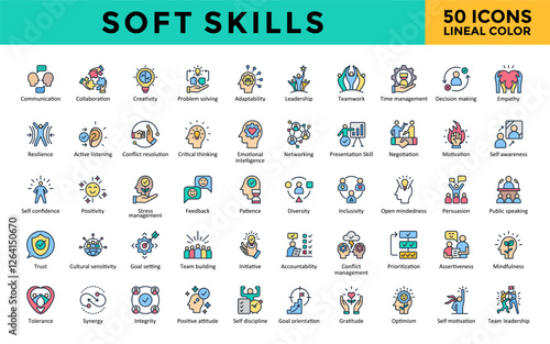 Soft skills icon set with communication, collaboration, creativity, problem solving, adaptability, leadership, teamwork, time management, decision making, empathy icon. Simple lineal color vector 
