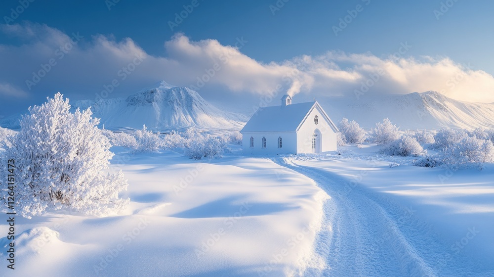 Snow covered church stands quietly amidst the winter wonderland nestled among frozen bushes and snow-capped mountains Snow covered church stands quietly amidst the winter wonderland nestled among frozen bushes and snow-capped mountains