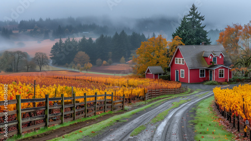 Autumn Vineyard with Red Farmhouse in Misty Countryside.. photo