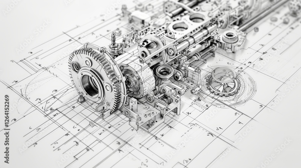 A conceptual technical blueprint of an advanced mechanical system with detailed engineering components and gears, showcasing precision design and innovation. AI generated.