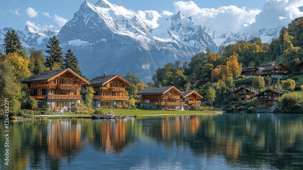 Scenic view of wooden chalets by a tranquil lake with majestic mountains in the background Scenic view of wooden chalets by a tranquil lake with majestic mountains in the background