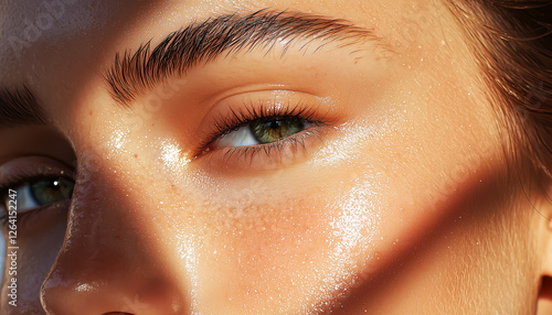 A close-up of dewy, hydrated skin with a soft glow.  Generative AI.