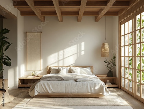 Bright and airy bedroom features natural wood and soft textiles